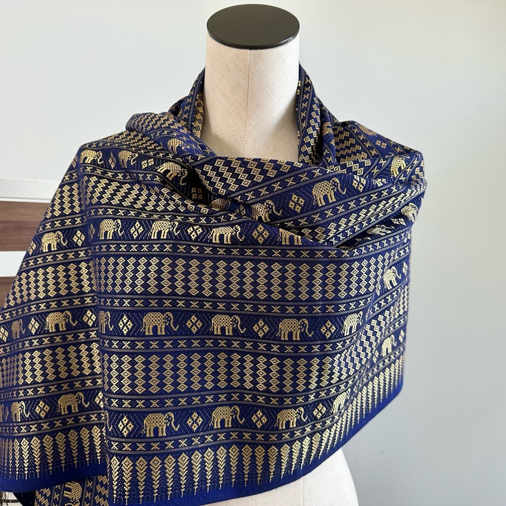 Elegant Blue and Gold Patterned Shawl/wrap